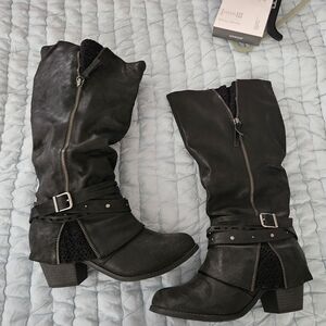 Women's Black Leather Wide Calf Boots